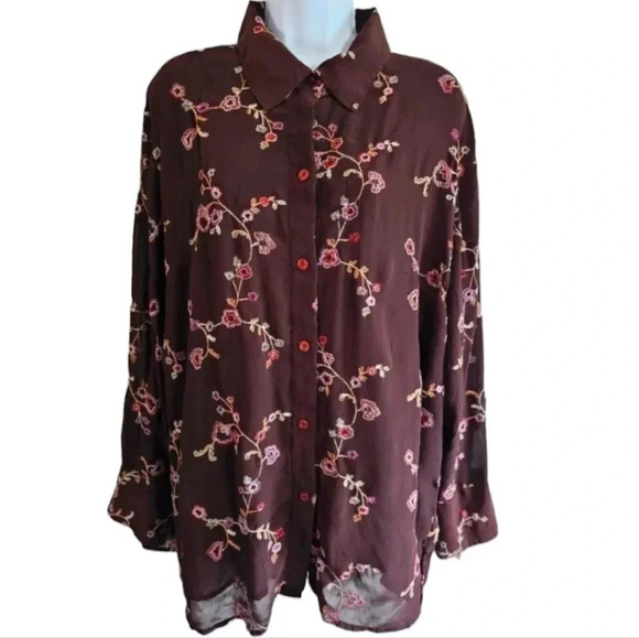 Unbranded Large Vintage Sheer Lined Brown Button Down Cherry Blossom Blouse Rare - Picture 2 of 11